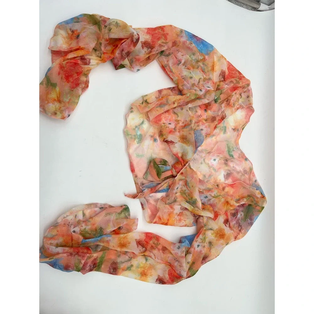 New 4 Piece Bikini Top Skirt Cover Up Tropical Pink Orange Yellow Cruise‎ Sz S
